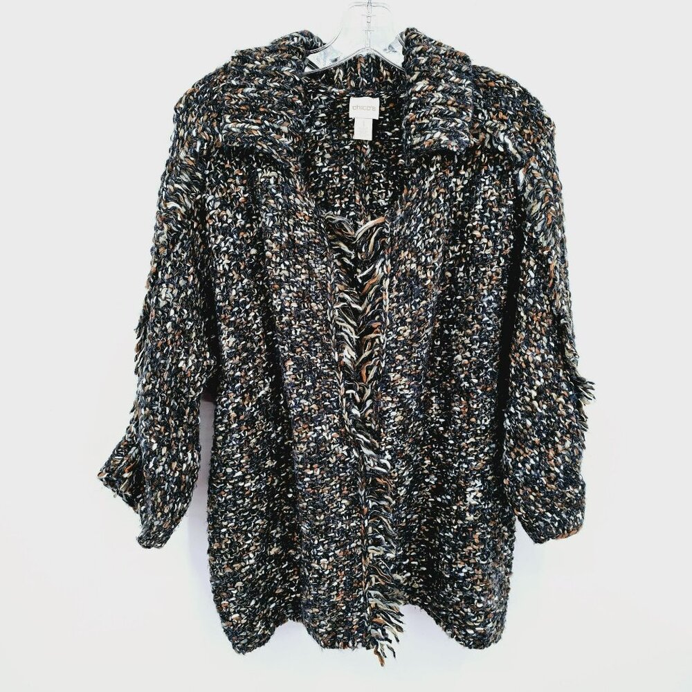 Chicos Cardigan Sweater M Colorful Metallic Thread Chunky Knit Fringe Trim Open